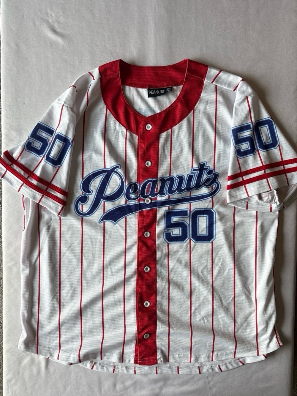 Peanuts White Red Pinstripe Baseball Jersey with Blue Accents